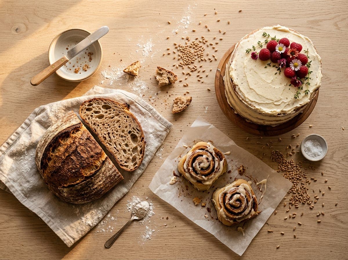 Overhead shot of fresh baked goods including a sliced sourdough loaf, cinnamon rolls, and a frosted cake arranged on parchment paper and marble surface.